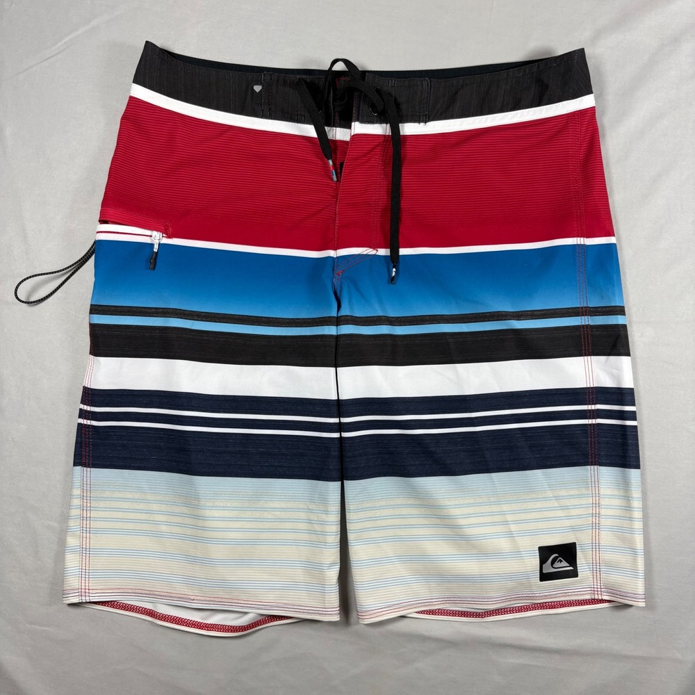 Quiksilver Board Shorts Mens 31 Multi Color Striped Swim Trunks Red Blue Black